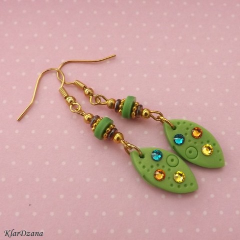 Náušnice Zelené SW Laura korálky zelená náušnice oranžová zlatá žlutá swarovski fimo dlouhé smaragdová kamínek polymerové hmoty 