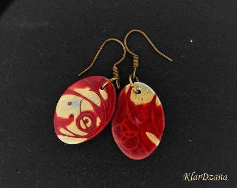 Náušnice Tara oválky červená náušnice zlatá fimo vínová abstraktní polymer oválky oválné 