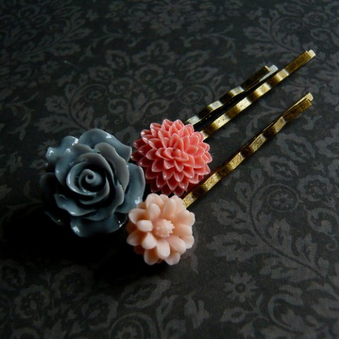 Sada tří sponek do vlasů I spona vlasů sponka vlasy ozdoby růže sponky kopretina růžička pérko kopretinka spony chryzantémka pérka 