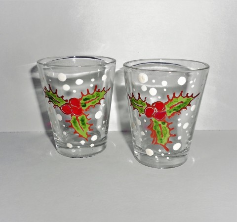 Vánoční štamprlátka pro dva sníh zima vánoce vánoční zimní ručně malované malované sklo cesmína panák přípitek štamprle snítky cesmíny 