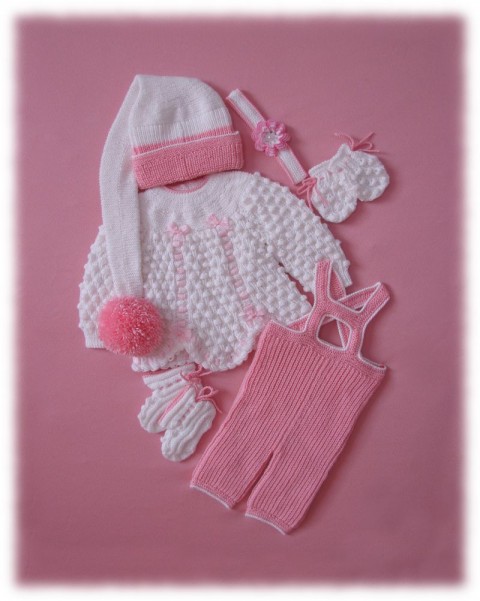 Apolenka růžová čepice čepička holčička bílá miminko souprava čelenka kytička kalhoty rukavice svetřík kabátek slavnostní soupravička bačkůrky rukavičky křtiny 