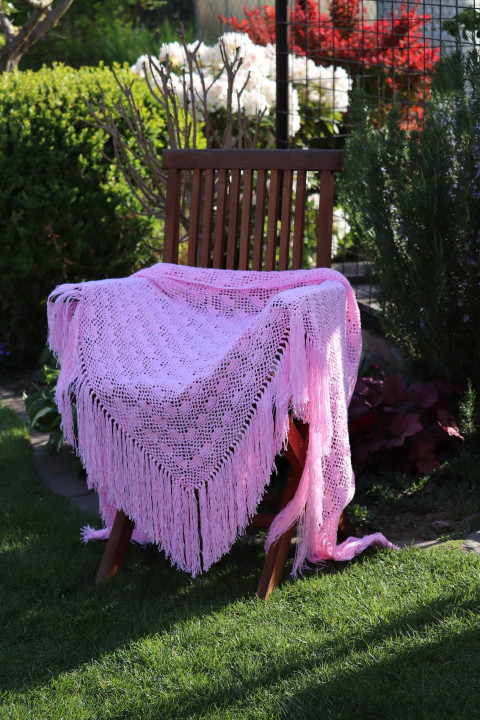 Jahody se šlehačkou tanec háčkování šála svatba focení rekvizita krajka třásně taneční šátek šál pončo pléd ples jemný vlnky folklór obláčky rúžová hody kroj akrylik pelerýna 