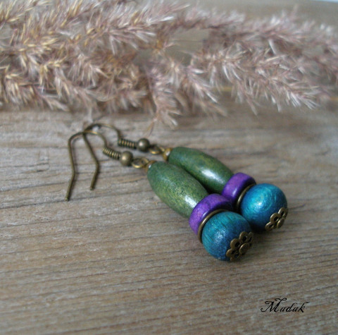 Kolekce Flowering wood ..... CLVII. dřevěné originální zelená náušnice fialová tyrkysová barevný veselý keramický podzimní dámské 