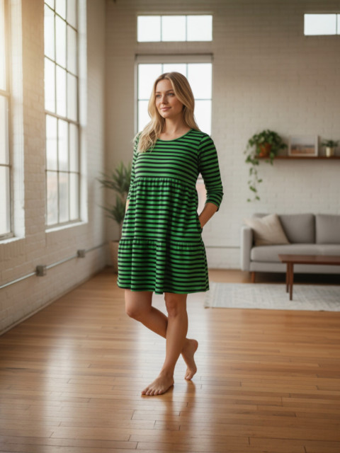 Dámské šaty zelené pruhy-S/M zelené šaty pruhované dámské bavlněné šatovka volánové 