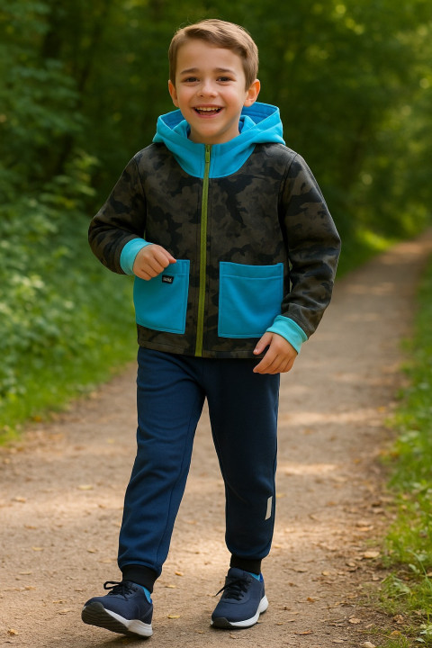 Softshell bunda maskáč - 128/134 dětské kalhoty bavlněné tepláky hořčicové baggy 