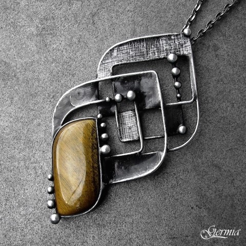 Runde náhrdelník přívěsek tygří oko cín zlatá hnědá extravagantní cínování cínovaný netradiční zajímavý sci-fi tygří oko germia bauhaus runde oblý 