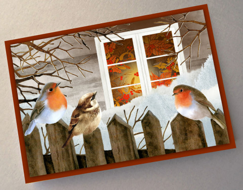 Přání - PŘED OKNEM červená sníh modrá vánoce ptáček bílá přání vánoční hnědá žlutá větvička ptáčci okno přáníčko plot advent vločka vrabec větev červenka vánoční hvězda jmelí 