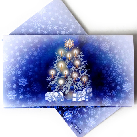 Darovací obálka - STROMEK dárek strom modrá vánoce svíčka bílá přání vánoční hvězda dárky peníze okrová stromeček advent vločka voucher obálka vstupenky 
