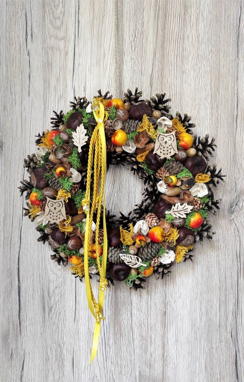 Podzimní věnec se sovami hnědý jablko dekorace dárek podzim zelený věnec sova žlutý podzimní kaštany oranžový šípky mech na dveře žaludy bukvice šiška k zavěšení na stěnu stabilizovaný suché plody wreath autmn 