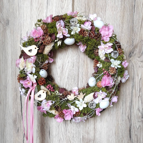 V. do růžové s ptáčky domov dekorace dárek doplněk zelený jarní letní interiér bytový věnec romantika jaro květ léto růžový mech mechový romantický květinový flower summer spring k zavěšení lišejník interiérový wreath dovozový home stylový letní summer 