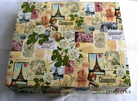 na čaje-12přihrádek-Francie čaj krabička růže decoupage francie vintage grunterka úklid pořádek přihrádka eiffelovka dvanáct bílá růže champagne12 přihrádek 
