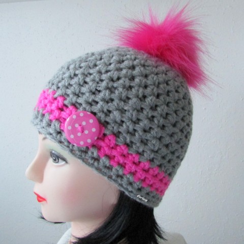 Čepice šedá/růžová zima růžová čepice háčkovaná dívčí šedá dámská zimní bambule handmade hřejivá hučka pro ženy dívky teens 