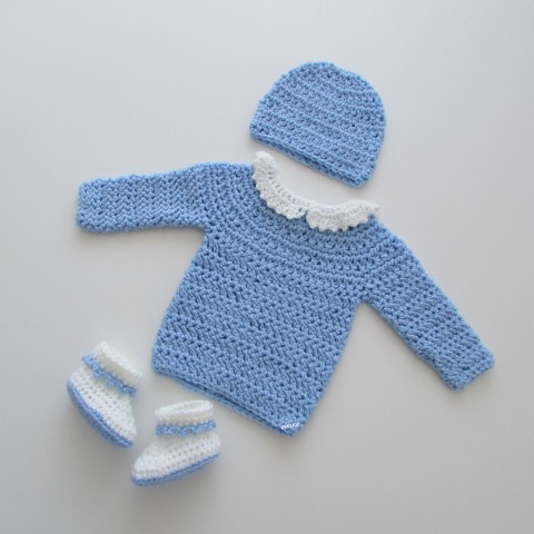 Čepička + svetřík + botičky děti modrá čepice čepička bílá klučičí svetr miminko souprava háčkované kluk svetřík kabátek světlemodrá botičky soupravička celoroční handmade capáčky novorozenec pro kluky newborn 