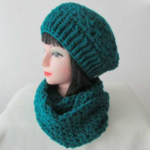 Háčkovaný baret + nákrčník zelená zima čepice háčkování šála souprava zimní háčkované akryl baret nákrčník set tunel crochet 