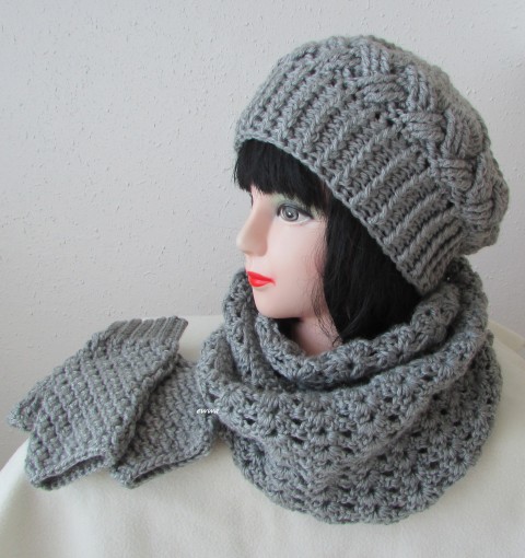 Háčkovaný baret +nákrčník +rukavice čepice šedá souprava dámský zimní háčkované akryl baret rukavice nákrčník set teplý bezprsté kruhová šála 