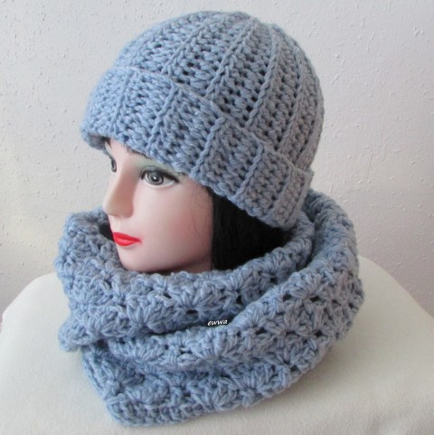 Čepice + nákrčník čepice dívčí šála souprava dámská zimní háčkované nákrčník set šedomodrá tunel crochet debilka 