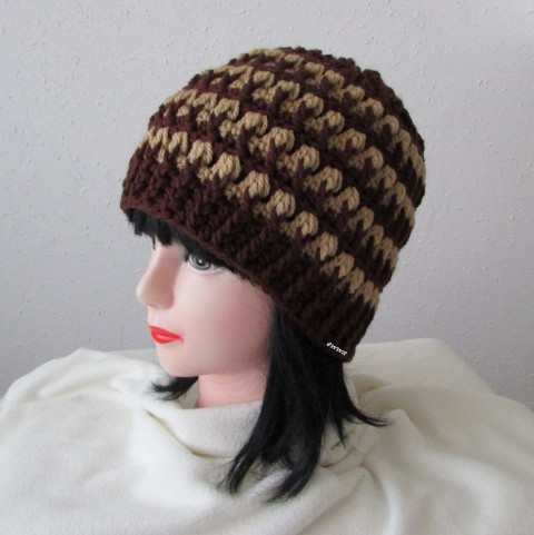 Čepice unisex zima velká čepice háčkovaná hnědá pružná dámská zimní akryl okrová unisex hřejivá crochet debilka 