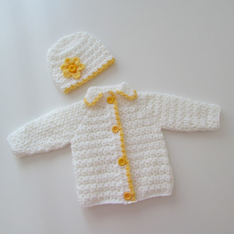 Svetřík + čepička děti čepice čepička bílá žlutá svetr miminko souprava zimní háčkované svetřík kabátek unisex celoroční 