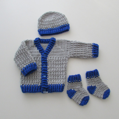 Čepička + svetřík + ponožky děti modrá podzim háčkovaná jarní čepička klučičí jaro šedá svetr souprava ponožky podzimní kluk svetřík soupravička handmade set pro kluky 