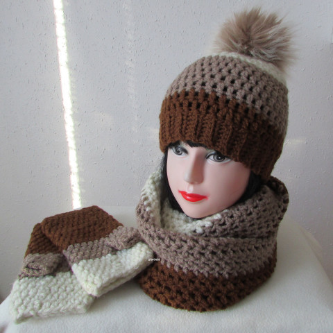 Čepice, nákrčník + bezprsťáky čepice přírodní hnědá souprava dámská béžová zimní háčkované akryl hřejivé rukavice nákrčník bambule handmade set bezprsťáky bezprsté ewwa 