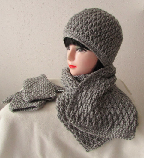 Zimní souprava unisex čepice bílá šála šedá souprava zimní háčkované akryl hřejivé rukavice unisex pánská handmade set bezprsté ewwa antipilling 