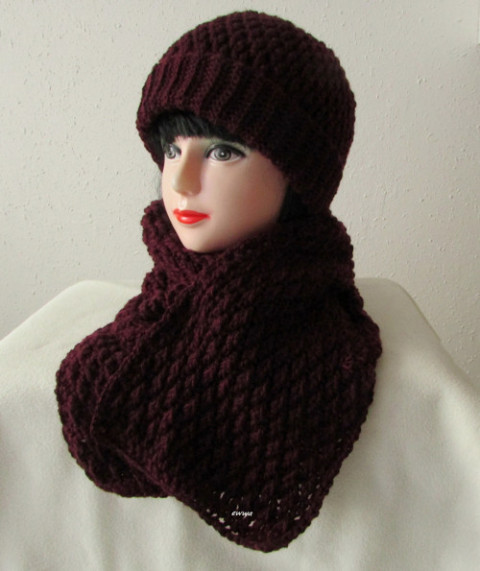 Čepice + dlouhá šála čepice černá šála souprava dámská zimní háčkované akryl hřejivé vínová unisex pánská handmade set ewwa antipilling 