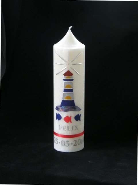 KŘESTNÍ SVÍČKA - MAJÁK dekorovaná svíčka na přání dárek 