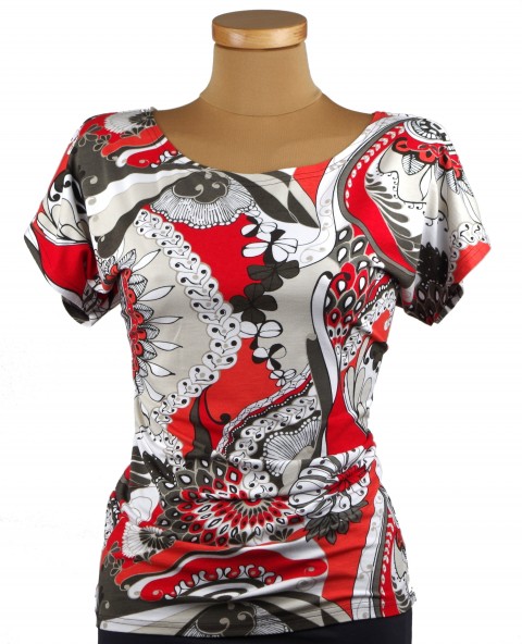 dámské triko - vzor šedo oranž červené halenka letní triko černé tričko vzor netopýří delší krátký rukáv dámské tričko netopýřího spadený rukáv 