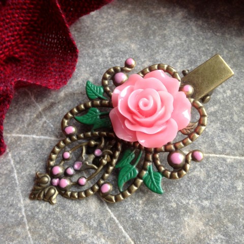 SPONKA S RŮŽOVOU RŮŽIČKOU sponka vintage filigrán růžička mosaz starobylý 