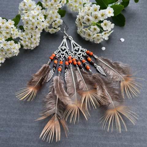 Peříčkové rezavé náušnice letní extravagantní výrazné pírka festival ethno karneval peří peříčka silvestr boho 