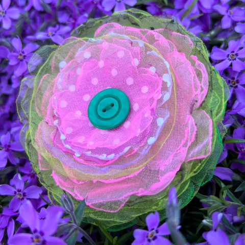 Brož Sakura brož zelená květina růžová bílá organza sakura třešňový květ 