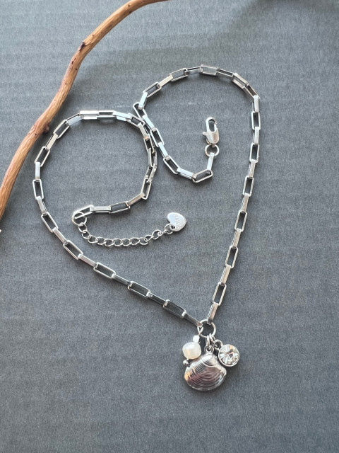 Náhrdelník s perlou - S.Steel moře mušle perly zirkony poklady steel 