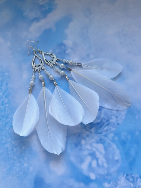 Peříčkové bílé náušnice léto extravagantní nerez ocel svatební festival dovolená peří peříčka 