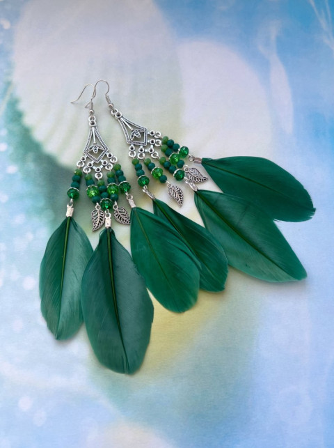Peříčkové zelené náušnice 02 léto extravagantní nerez ocel festival dovolená peří peříčka sváteční na ples do divadla 