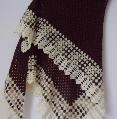 Čokoláda s vanilkou - šátek hnědý dárek přehoz háčkovaný šátek nákrčník pléd smetanový celoroční vanilkový čokoládový 