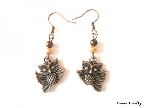 Náušnice - sovy, sovičky I. korálky náušnice hnědé měděné sovy sovičky voskované perly 