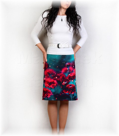 Sukně vz.897 květy sukně úpletová úplet petrolejová pestrobarevná bavlněná celoroční áčková volnočasová pouzdrová 