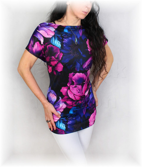 Triko vz.955 modrá halenka fialová jarní letní květy triko jaro léto tyrkysová vzor pastelové celoroční 