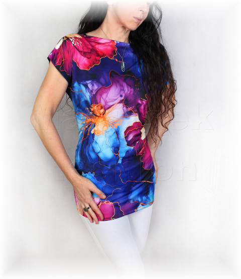 Triko vz.957 modrá halenka fialová jarní letní květy triko jaro léto tyrkysová vzor pastelové celoroční 