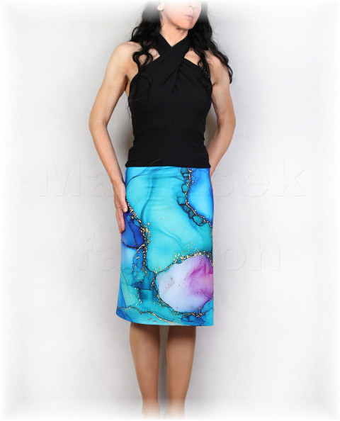 Sukně vz.920 modrá jarní letní sukně úpletová úplet barevná dámská léto vzor dovolená áčková 