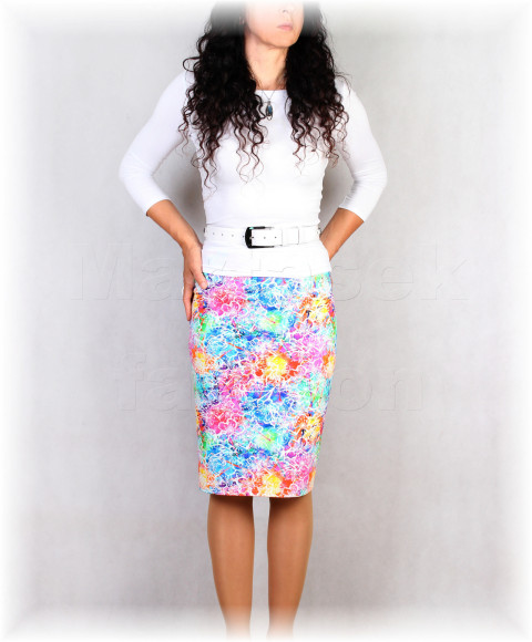 Sukně vz.851 červená modrá jarní letní sukně úpletová úplet tyrkysová puntíky pestrobarevná celoroční áčková 