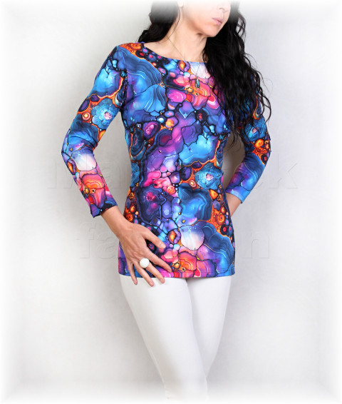 Triko vz.896 kr.rukáv poslední modrá halenka fialová jarní triko jaro léto tyrkysová vzor celoroční máky mramorový 