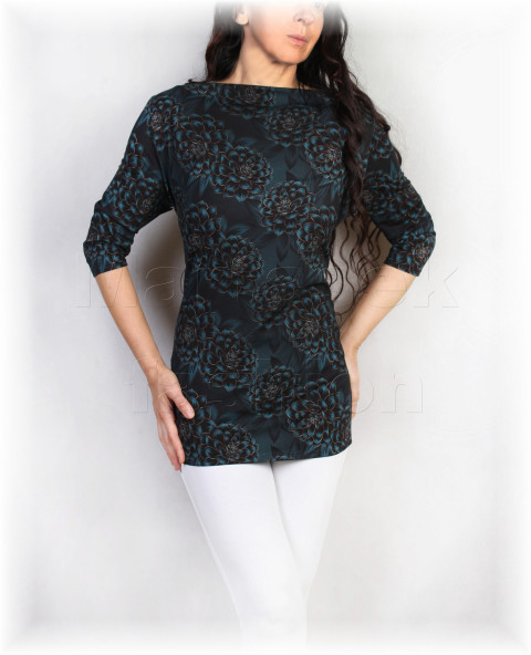 Triko vz.924  i kr.rukáv zelená halenka jarní květy černá triko jaro léto vzor květované bavlněné celoroční 