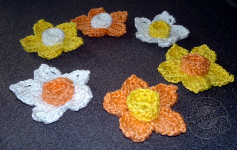 Narcisky - sada 6 ks dekorace bavlna háčkování kytička aplikace narciska příze poutko 