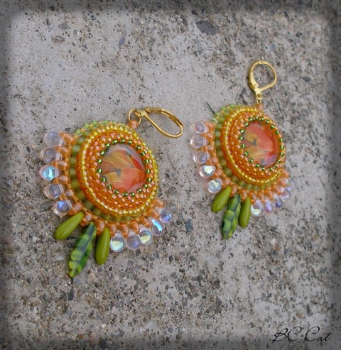 Amazonie - náušnice šperk doplněk zelená náušnice oranžová papoušek peří prales 