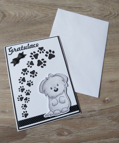 Přání No.34 pes pejsek stuha mašle přání blahopřání štěně scrapbook přáníčko gratulace tlapka pro radost puntíčky pro štěstí packa s obrázkem embosování 