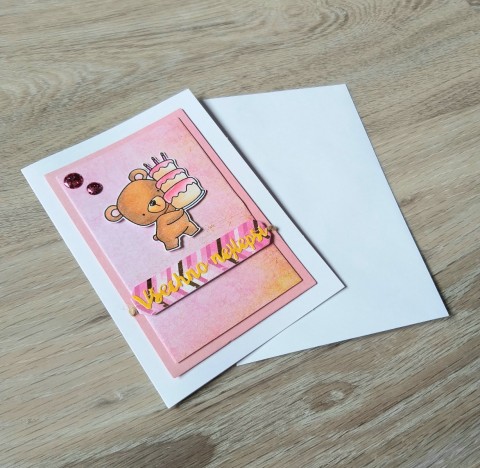 Přání No.39 stuha mašle přání blahopřání medvídek méďa medvěd scrapbook přáníčko gratulace pro radost puntíčky pro štěstí s obrázkem embosování 